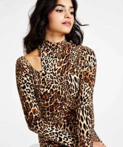 Bar III Women's Animal-Print Mock-Neck Long-Sleeve Crop Top, Created For Macy's -CeCe cloth-shop 22555213 fpx