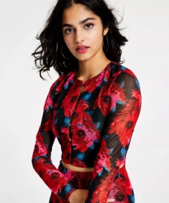 Bar III Women's Floral-Print Cutout Mesh-Sleeve Crop Top, Created For Macy's 6 Bar III Women's Floral-Print Cutout Mesh-Sleeve Crop Top, Created For Macy's -CeCe cloth-shop 22556507 fpx