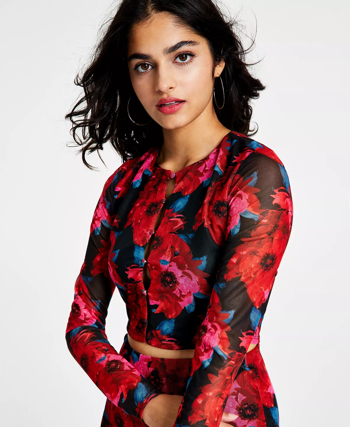 Bar III Women's Floral-Print Cutout Mesh-Sleeve Crop Top, Created For Macy's 3 Bar III Women's Floral-Print Cutout Mesh-Sleeve Crop Top, Created For Macy's - Image 3