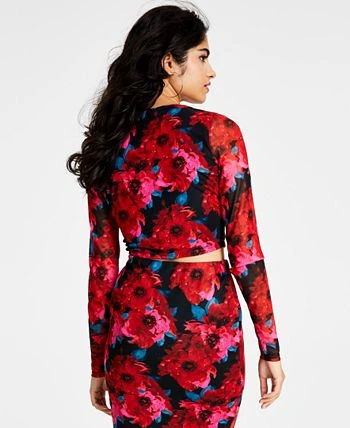 Bar III Women's Floral-Print Cutout Mesh-Sleeve Crop Top, Created For Macy's 2 Bar III Women's Floral-Print Cutout Mesh-Sleeve Crop Top, Created For Macy's - Image 2