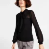 Bar III Women's Tie-Neck Mesh-Sleeve Top, Created For Macy's
