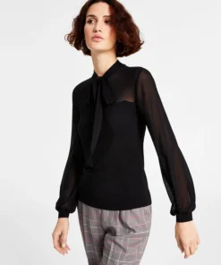 Bar III Women's Tie-Neck Mesh-Sleeve Top, Created For Macy's