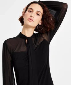 Bar III Women's Tie-Neck Mesh-Sleeve Top, Created For Macy's -CeCe cloth-shop 22562854 fpx