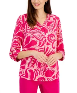 JM Collection Women's Swirl-Print Split-Neck Woven Top, Created For Macy's
