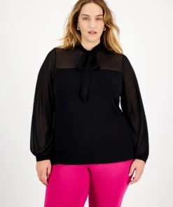 Bar III Plus Size Tie-Neck Mesh-Contrast Blouse, Created For Macy's