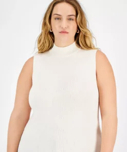 Bar III Plus Size Ribbed Sleeveless Mock-Neck Scalloped-Hem Top, Created For Macy's -CeCe cloth-shop 22567360 fpx