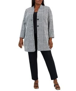 Kasper Plus Size Houndstooth-Plaid Two-Button Longline Blazer