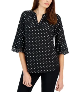 Kasper Women's Split-Neck Polka-Dot Flutter Sleeve Top