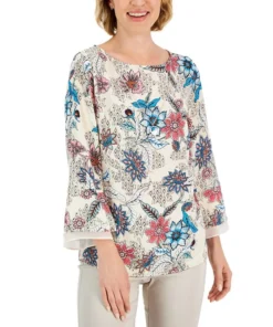 JM Collection Women's Etched Batik Printed Flared-Sleeve Top, Created For Macy's
