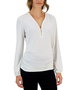 JM Collection Women's Zip-Front Ruched Top, Created For Macy's -CeCe cloth-shop 22576882 fpx