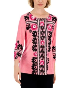 JM Collection Women's Gardenia Mosaico Printed Jacquard Top, Created For Macy's