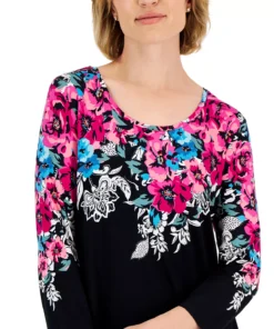 JM Collection Women's Floral Escapade Printed Knit Top, Created For Macy's -CeCe cloth-shop 22577026 fpx