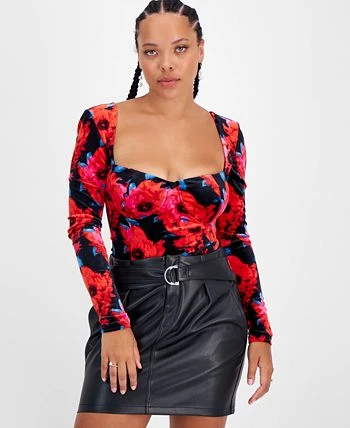 Bar III Women's Floral-Print Square-Neck Velvet Bodysuit, Created For Macy's 3 Bar III Women's Floral-Print Square-Neck Velvet Bodysuit, Created For Macy's - Image 3