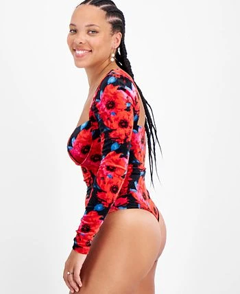 Bar III Women's Floral-Print Square-Neck Velvet Bodysuit, Created For Macy's 2 Bar III Women's Floral-Print Square-Neck Velvet Bodysuit, Created For Macy's - Image 2