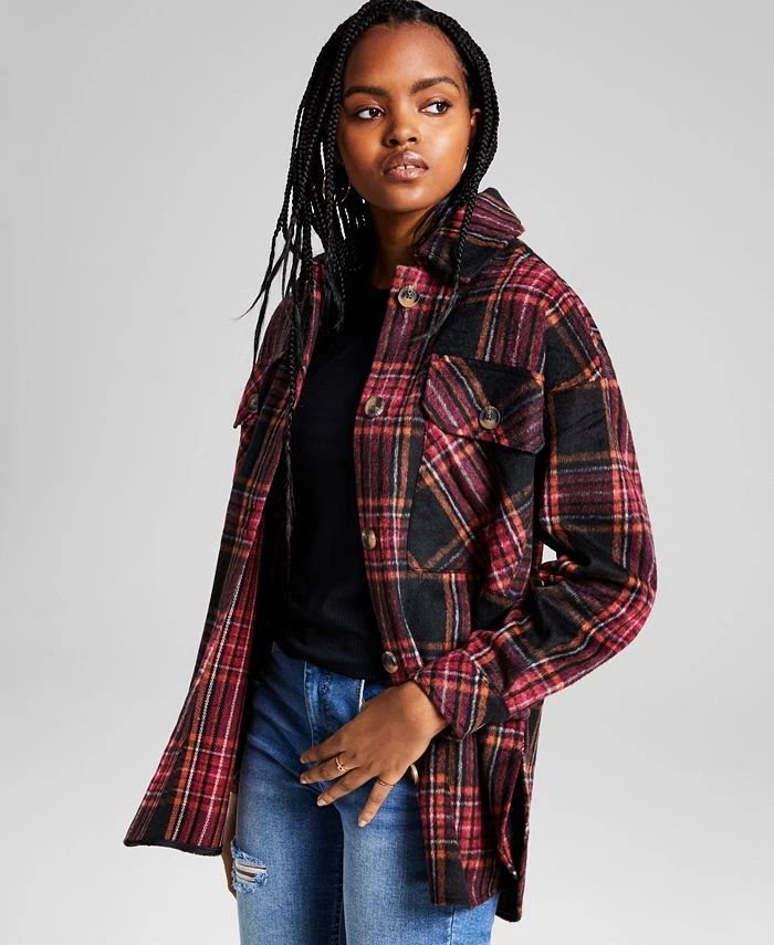 And Now This Women's Oversized Plaid-Print Long-Sleeve Shacket 1 And Now This Women's Oversized Plaid-Print Long-Sleeve Shacket