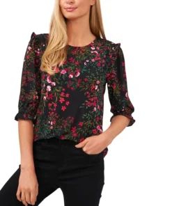 CeCe Women's Floral-Print 3/4-Sleeve Ruffle-Shoulder Top