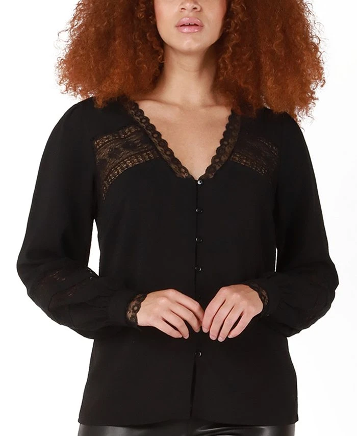 Black Tape Women's Long-Sleeve Lace-Insert Jacquard Blouse 1 Black Tape Women's Long-Sleeve Lace-Insert Jacquard Blouse