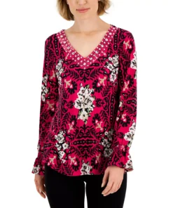 JM Collection Women's Savannah Stencil Rhinestone-Studded Tunic, Created For Macy's -CeCe cloth-shop 22718637 fpx