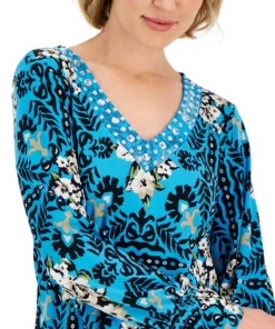JM Collection Women's Savannah Stencil Rhinestone-Studded Tunic, Created For Macy's -CeCe cloth-shop 22718639 fpx