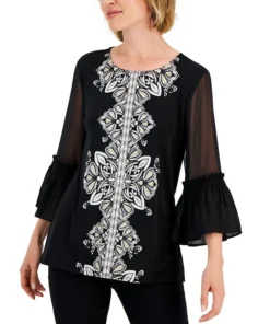 JM Collection Women's Medallion Trail Sheer-Sleeve Tunic, Created For Macy's