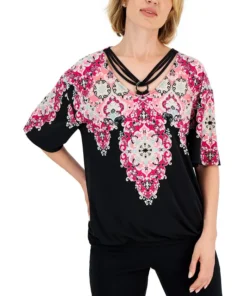 JM Collection Women's Trinity Geo-Print Ring-Hardware Top, Created For Macy's