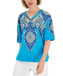 JM Collection Women's Trinity Geo-Print Ring-Hardware Top, Created For Macy's -CeCe cloth-shop 22718779 fpx