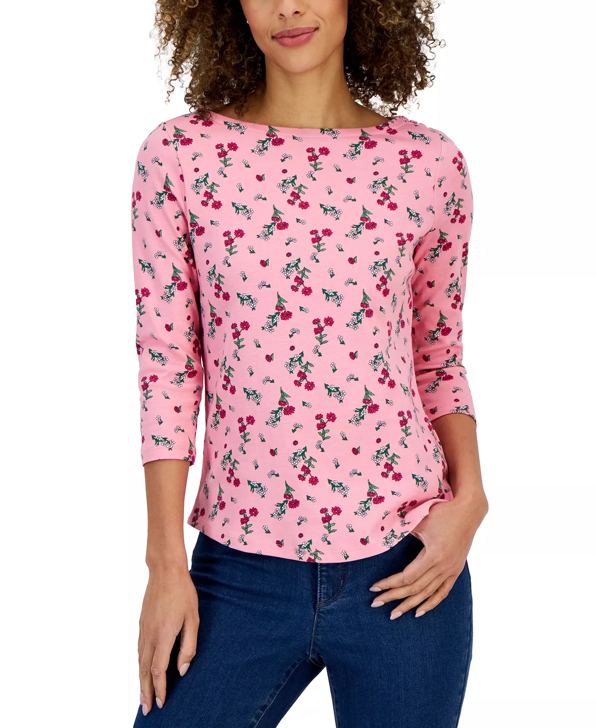 Charter Club Women's Floral Boat-Neck 3/4-Sleeve Top, Created For Macy's 6 Charter Club Women's Floral Boat-Neck 3/4-Sleeve Top, Created For Macy's - Image 6