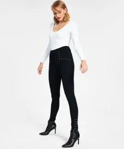Bar III Women's Studded Waist Detail Pull-On Leggings, Created For Macy's 7 Bar III Women's Studded Waist Detail Pull-On Leggings, Created For Macy's -CeCe cloth-shop 22724791 fpx