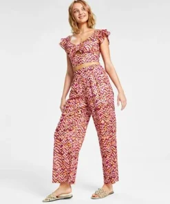 Bar III Women's Printed Wide-Leg Smocked-Waist Pull-On Pants, Created For Macy's -CeCe cloth-shop 22724986 fpx