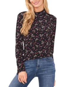 CeCe Women's Long Sleeve Floral Mock Neck Top