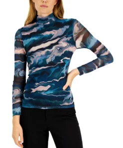 Anne Klein Women's Printed Mesh-Sleeve Mock-Neck Top