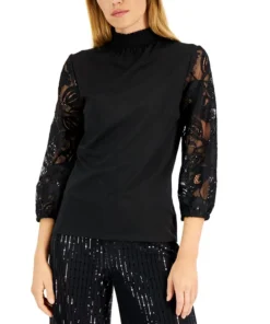 Anne Klein Women's Mixed-Media Lace-Sleeve Top