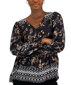 Style & Co Women's Printed V-Neck Peasant Top, Created For Macy's -CeCe cloth-shop 22759644 fpx