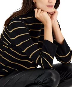 Anne Klein Women's Striped 3/4-Sleeve Mock-Neck Top -CeCe cloth-shop 22767127 fpx