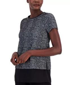 Anne Klein Women's Plaid Jacquard Short-Sleeve Top -CeCe cloth-shop 22767471 fpx