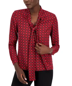 Anne Klein Women's Printed Satin-Twill Tie-Neck Blouse -CeCe cloth-shop 22767715 fpx