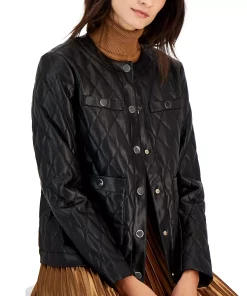 Anne Klein Women's Faux-Leather Quilted Snap Jacket -CeCe cloth-shop 22768032 fpx