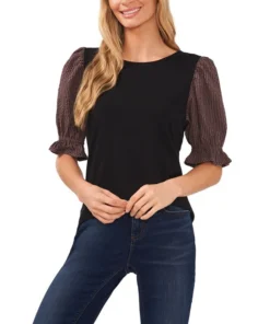 CeCe Women's Cotton Check Puff Sleeve T-shirt