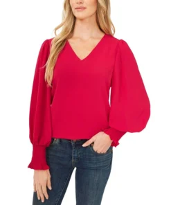 CeCe Women's Solid Smocked-Cuff V-Neck Charmeuse Blouse -CeCe cloth-shop 22780313 fpx
