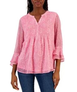 Charter Club Women's Printed Split-Neck Top, Created For Macy's