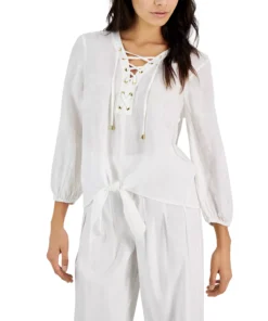 INC International Concepts Women's Lace-Up Tie-Hem Linen Blouse, Created For Macy's -CeCe cloth-shop 22782965 fpx