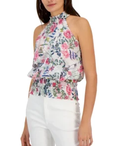 INC International Concepts Women's Printed Smocked Blouse, Created For Macy's