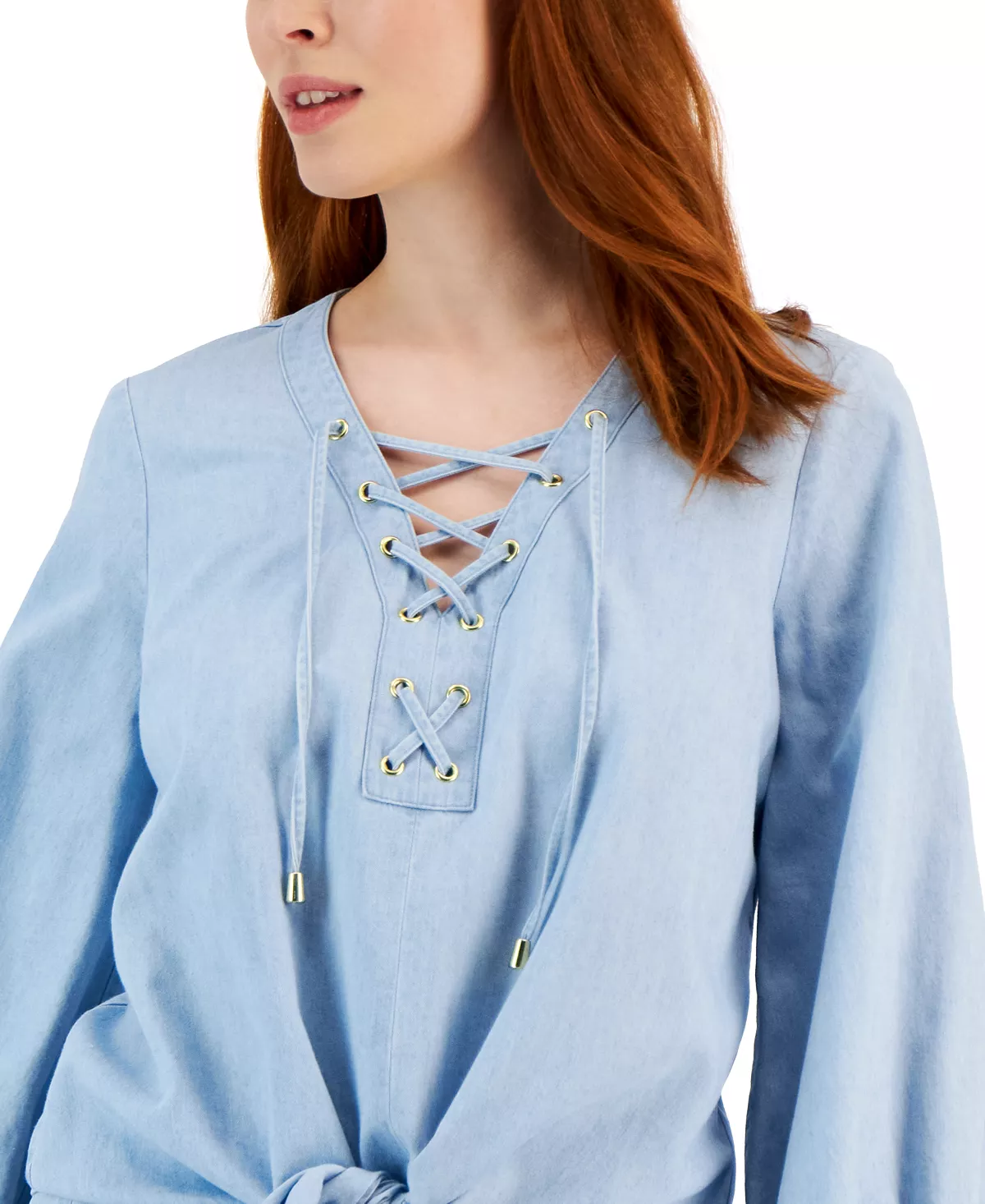 INC International Concepts Women's Chambray Lace-Up Top, Created For Macy's 3 INC International Concepts Women's Chambray Lace-Up Top, Created For Macy's - Image 3