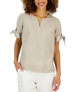 Charter Club Women's Linen Split-Neck Tie-Cuff Top, Created For Macy's