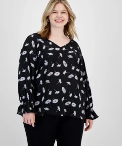 Bar III Plus Size Floral Print Cinched Sleeve Top, Created For Macy's