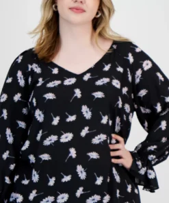Bar III Plus Size Floral Print Cinched Sleeve Top, Created For Macy's -CeCe cloth-shop 22803301 fpx