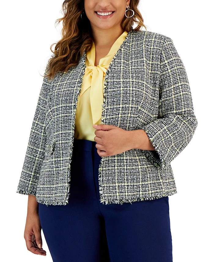 Kasper Plus Size Tweed Fringe-Trim Open-Front Blazer 1 Kasper Plus Size Tweed Fringe-Trim Open-Front Blazer