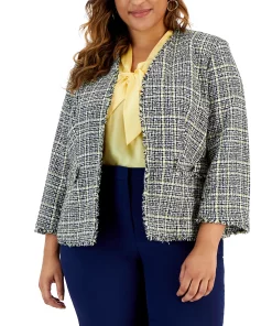 Kasper Plus Size Tweed Fringe-Trim Open-Front Blazer 6 Kasper Plus Size Tweed Fringe-Trim Open-Front Blazer -CeCe cloth-shop 22803942 fpx