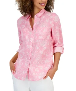 Charter Club Women's Linen Floral Tab-Sleeve Shirt, Created For Macy's