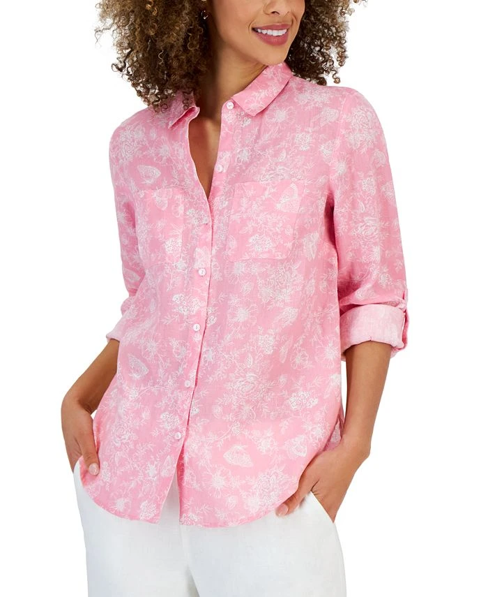Charter Club Women's Linen Floral Tab-Sleeve Shirt, Created For Macy's 1 Charter Club Women's Linen Floral Tab-Sleeve Shirt, Created For Macy's